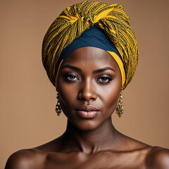 a woman with a yellow and blue turban on her head.