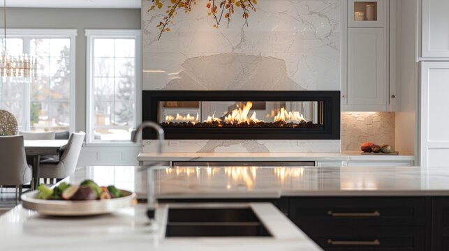 A modern twist on a classic kitchen featuring a doublesided fireplace with a sleek black surround. The fire adds a touch of sophistication to the timeless white cabinets 2d flat cartoon.