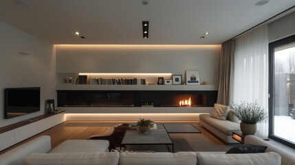 Naklejka premium The contemporary fireplace is perfectly framed by the white builtin shelves creating a clean and minimalist look in the living room. 2d flat cartoon.