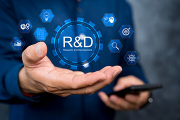 R and D, Research and Development concept. businessman use smartphone.