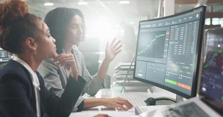 Women, computer screen and stock market with dashboard for discussion, collaboration and investment stats online. Analyst for data analysis, information and numbers with graph and trading team review - Powered by Adobe