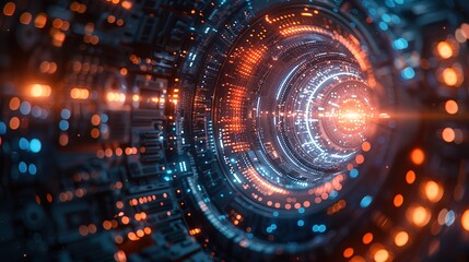 Obraz premium Futuristic tech wallpaper featuring abstract blue light bands intertwined with geometric shapes, embodying surrealism