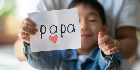 little boy giving a card with a drawn letters "papa" and a heart, he is giving to his father background