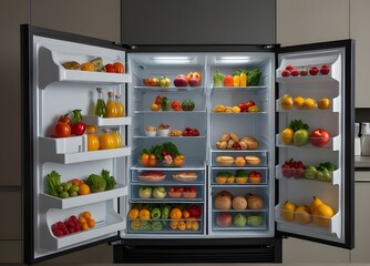 Open fridge refrigerator full of food in the empty kitchen interior.

