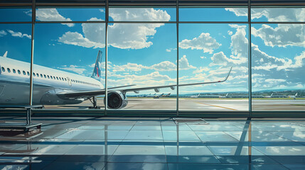 An airplane is parked on the runway at an airport, surrounded by clouds in the azure sky. Its automotive exterior gleams in the sunlight