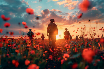 memorial day concept. A group of soldiers walking through a field of red poppies