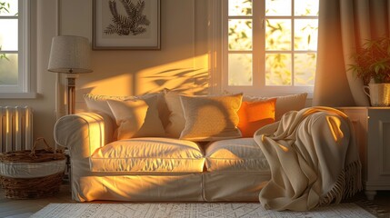 Fabric Sofa Relaxation: A 3D vector illustration featuring a fabric sofa as a centerpiece of relaxation