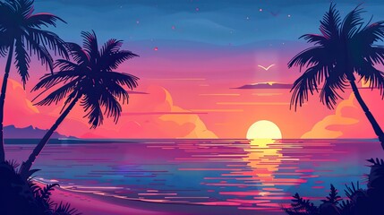 Fototapeta na wymiar beautiful landscape of sea ocean with silhouette coconut palm tree at sunset or sunrise, Summer days in beach