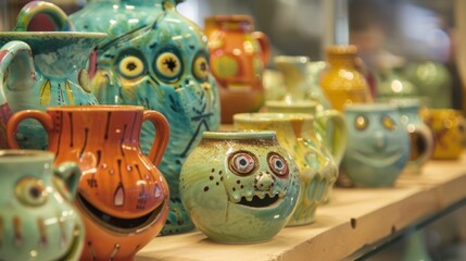 Fototapeta premium A pottery shop window display featuring a collection of finished glazed pieces each with a humorous tagline like Made with secret glazing techniques that are not so secret anymore..