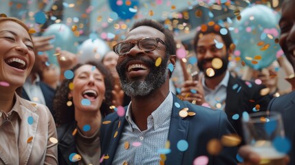 Celebration of Success: Diverse Team Congratulating a Colleague with Radiant Smile, Surrounded by Confetti and Balloons in an Office Setting