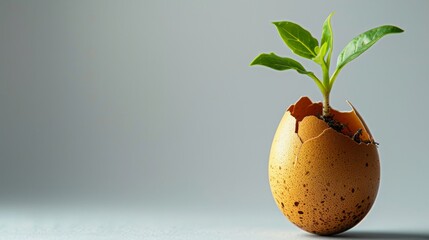 New Beginnings: Seedling Emerging from Eggshell, Symbolizing cycles and new beginnings, background for ESG concept
