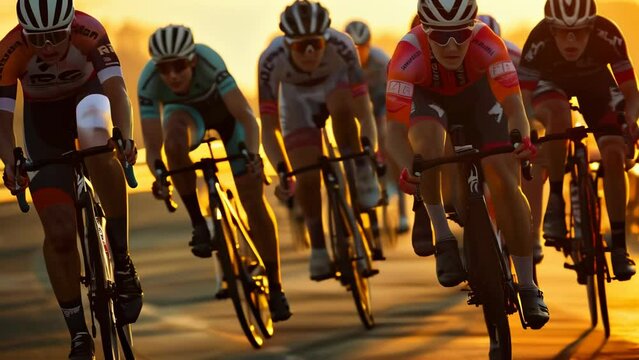 A tight pack of cyclists in colorful jerseys crouch low over their bicycles, pedaling intensely as they race along a road at sunset. 