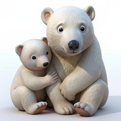 3D Render of a cuddly baby polar bear cuddling its mother, on isolated white background, Generative AI
