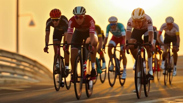 A tight pack of cyclists in colorful jerseys crouch low over their bicycles, pedaling intensely as they race along a road at sunset. 
