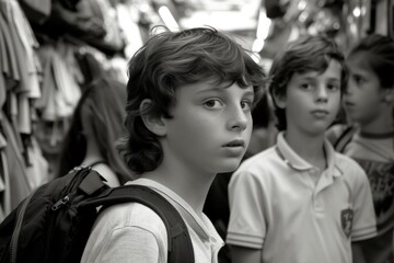Portrait of a boy with a backpack on the street. Black and white.