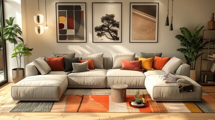 Sectional Sofa Arrangement: A 3D illustration showing a sectional sofa in a well-arranged living room