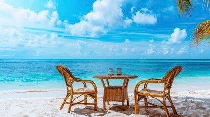 Chair and table on the beach and sea with blue sky, Summer days in beach, Valentine Beach setup