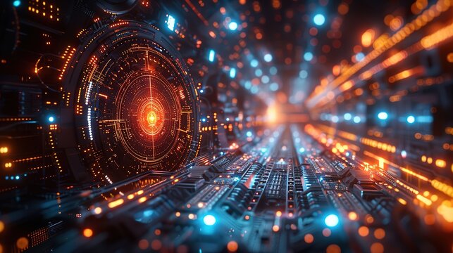 Futuristic tech wallpaper featuring abstract blue light bands intertwined with geometric shapes, embodying surrealism