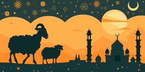 Illustration of a sacrificial goat lamb for the Islamic Eid al-Adha holiday with a mosque and Islamic ornaments in the background.