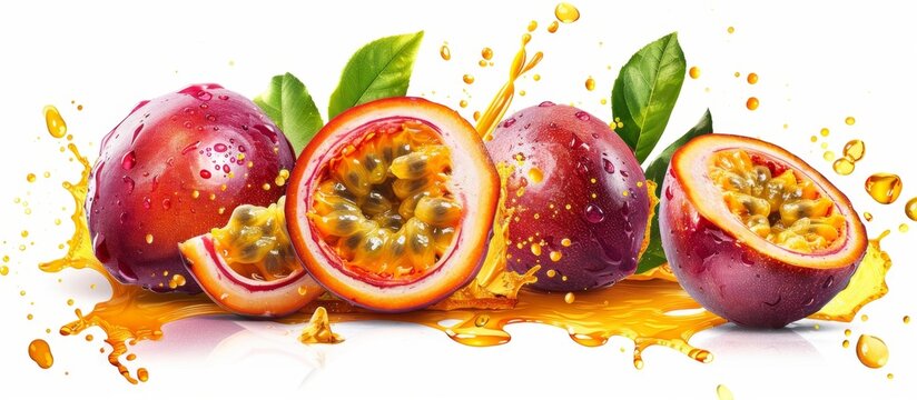A vibrant close-up image of a ripe passion fruit cut open, revealing its juicy interior with a delightful splash of fresh juice