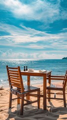 Fototapeta na wymiar Chair and table on the beach and sea with blue sky, Summer days in beach, Valentine Beach setup