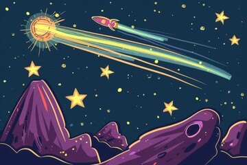 Cartoon cute doodles of a comet streaking through the night sky, with a spaceship trailing behind it on a daring mission to study its composition, Generative AI