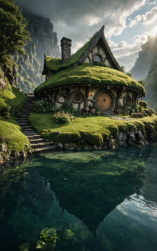 A hobbit style house peacefully resides amidst a romantic landscape, Generative AI