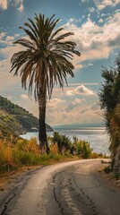 Fototapeta premium Single Palm Tree beside road and Sea, Summer days in beach