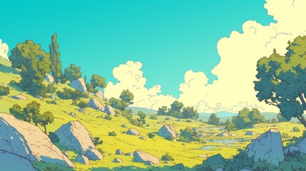 Nature Landscape with Blue Sky. Nature landscape with blue sky clouds wallpaper. Cartoon illustration of a road in a field with blue sky and clouds. Grass Field landscape with blue sky and white cloud