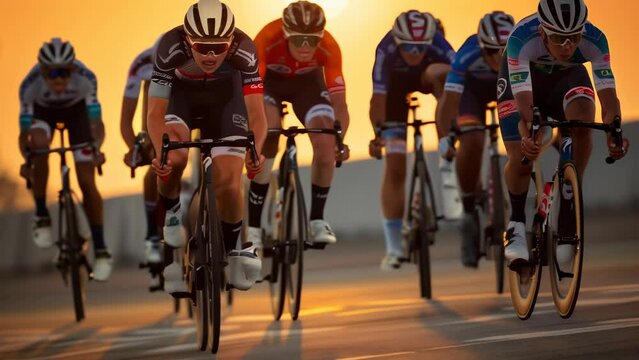 A tight pack of cyclists in colorful jerseys crouch low over their bicycles, pedaling intensely as they race along a road at sunset. 