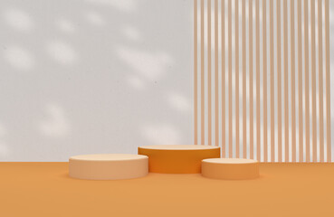 3 soportes para exhibir productos en colores naranja con escenografía sombreada. Representación 3D de pancartas y folletos para promoción en redes sociales. Recurso gráfico.