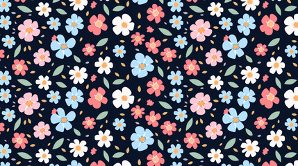 A cute floral pattern with small flowers and leaves on a dark blue background.