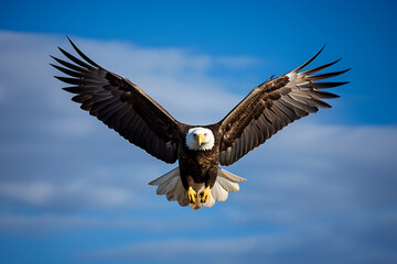 Obraz premium A majestic bald eagle soars with outstretched wings in the blue sky. Generative AI