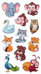 A delightful assortment of ten cheerful cartoon animal stickers