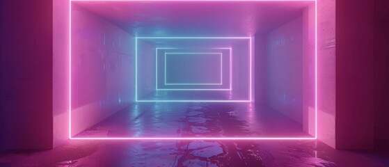 3d render of neon frame on background in the room. Banner design. Retrowave, synthwave, vaporwave illustration. Party and sales concept