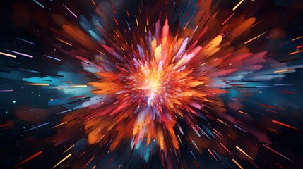 Abstract digital explosion with neon particles and dynamic dispersal,