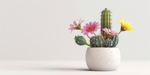 Flowers in a planter, cactus, 3D, childish style, on a white background aspect ratio 2:1