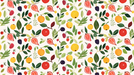 A seamless pattern of hand-drawn fruits and leaves.