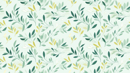 A seamless pattern of hand-drawn leaves in a botanical style. The leaves are in shades of green and yellow on a light green background.