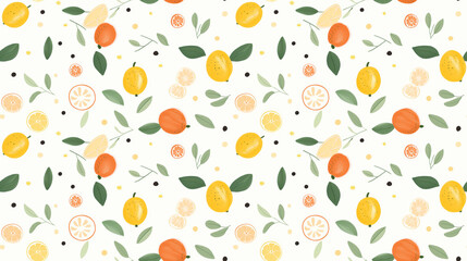 A seamless pattern of hand-drawn lemons and oranges with leaves on a white background.