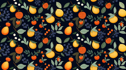 A seamless pattern of hand-drawn lemons, blueberries, and red currants on a dark background.