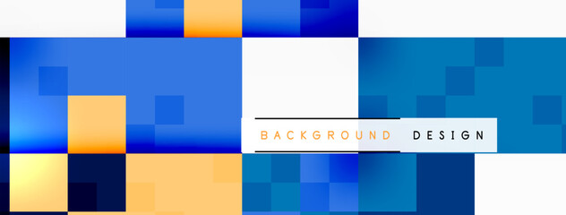 The blue and yellow background with squares showcases colorfulness and symmetry. The rectangles and patterns create a harmonious design with tints and shades of electric blue