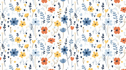 A seamless pattern of cute hand drawn flowers and leaves in a repeat pattern.