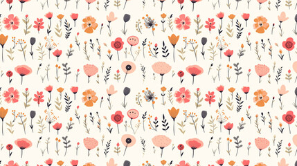 A seamless pattern of cute hand drawn flowers and leaves in pink, orange and grey on a cream background.