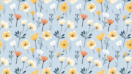 A seamless pattern of cute hand drawn flowers in a repeat pattern on a blue background.