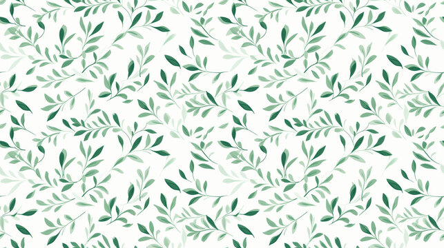A seamless pattern of delicate olive branches with leaves in sage green on a white background.