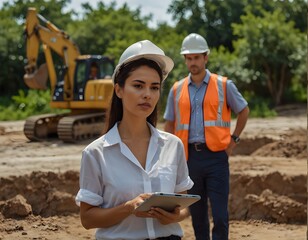 Fototapeta premium Hispanic Female Inspector Talking to Caucasian Male Land Development Manager With Tablet On Construction Site Of Real Estate Project. Excavators Preparing For Laying Foundation. Hot Sunny Day