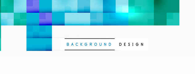 The design features an electric blue and magenta abstract background with rectangles in a symmetric pattern on a white background, creating a colorful and modern look for a brand