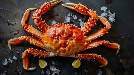 Alaska king crab boiled with ice and lemon on a black background, top view.