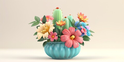 Flowers in a planter, cactus, 3D, childish style, on a white background aspect ratio 2:1